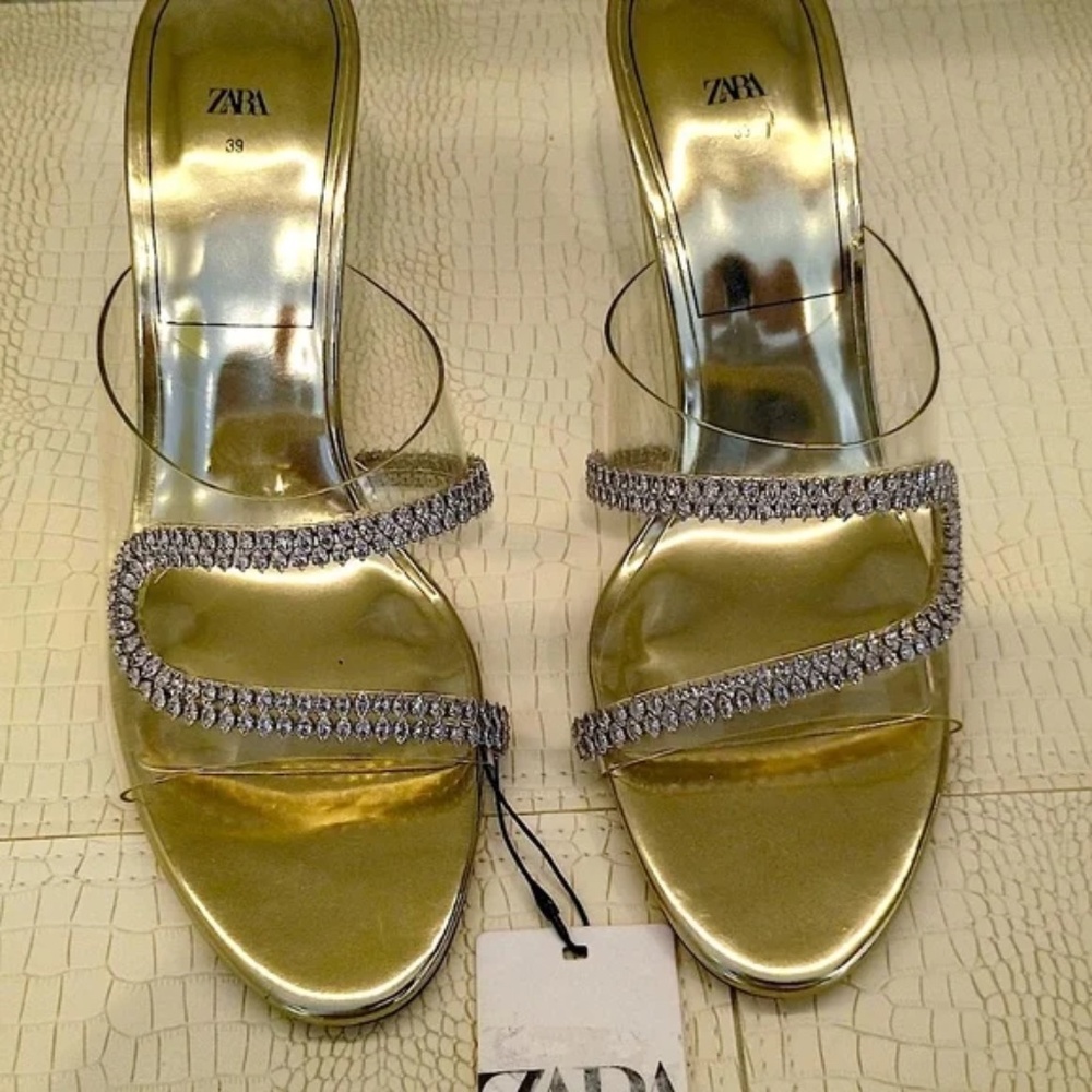 💋 Zara Gold Heels with Rhinestones *NEW 39